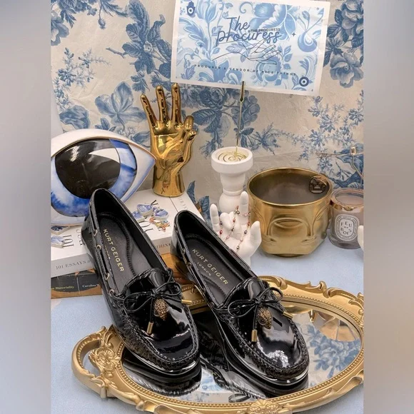 🆕 KURT GEIGER LONDON 🧿 NWOB Eagle Moccasins, Black Patent - Sz EU37 US 7